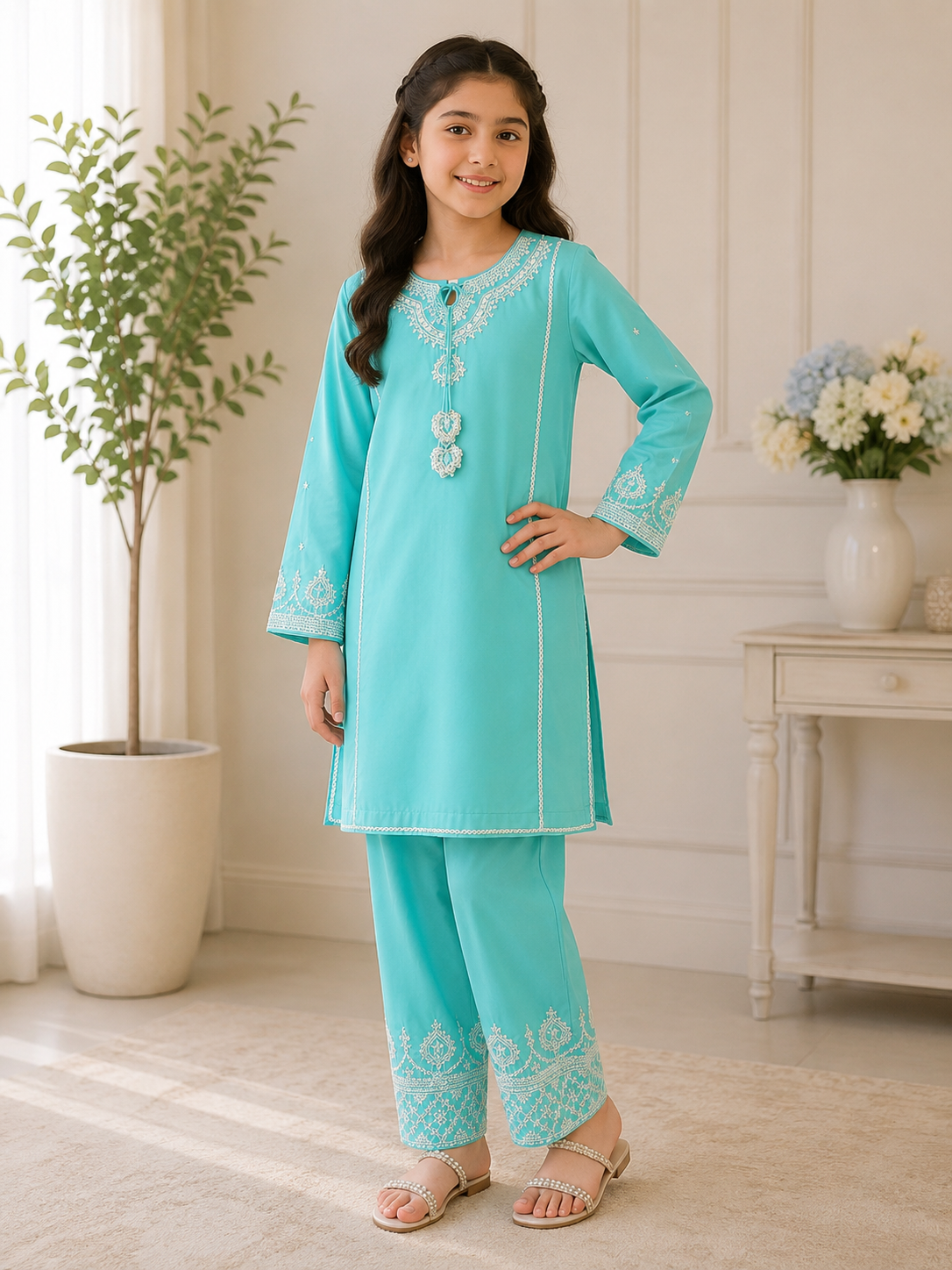Elegant Aqua Embroidered 2 Piece Suit