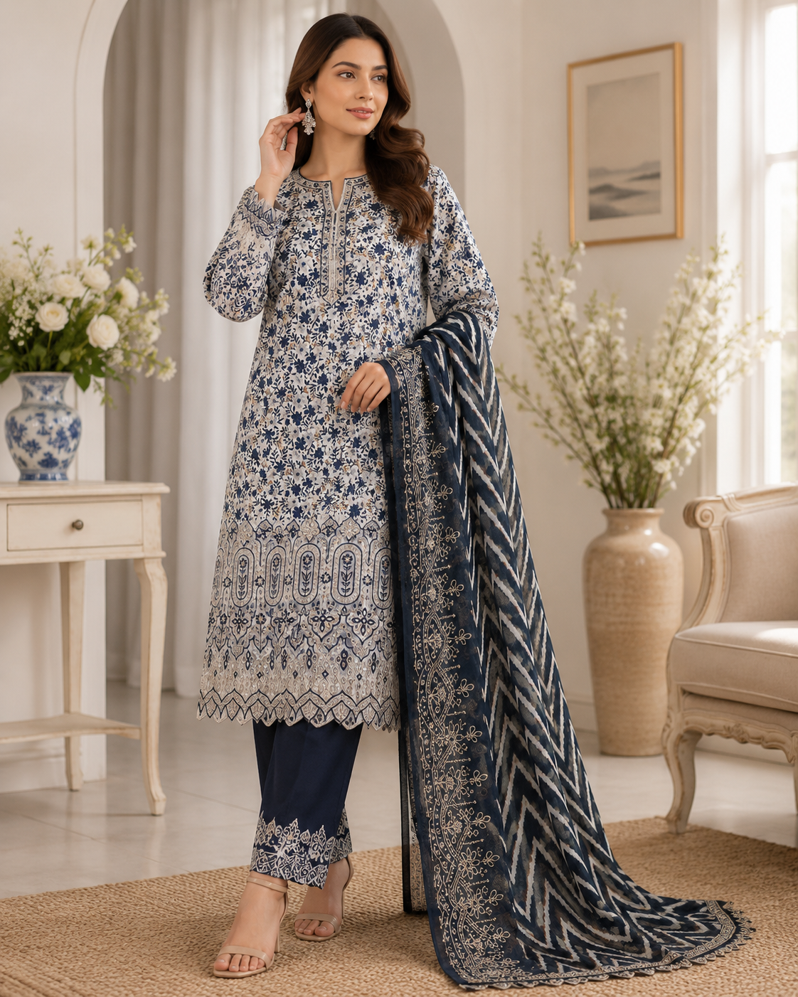 Elegant Blue & White Floral Embroidered Lawn Suit with Dupatta
