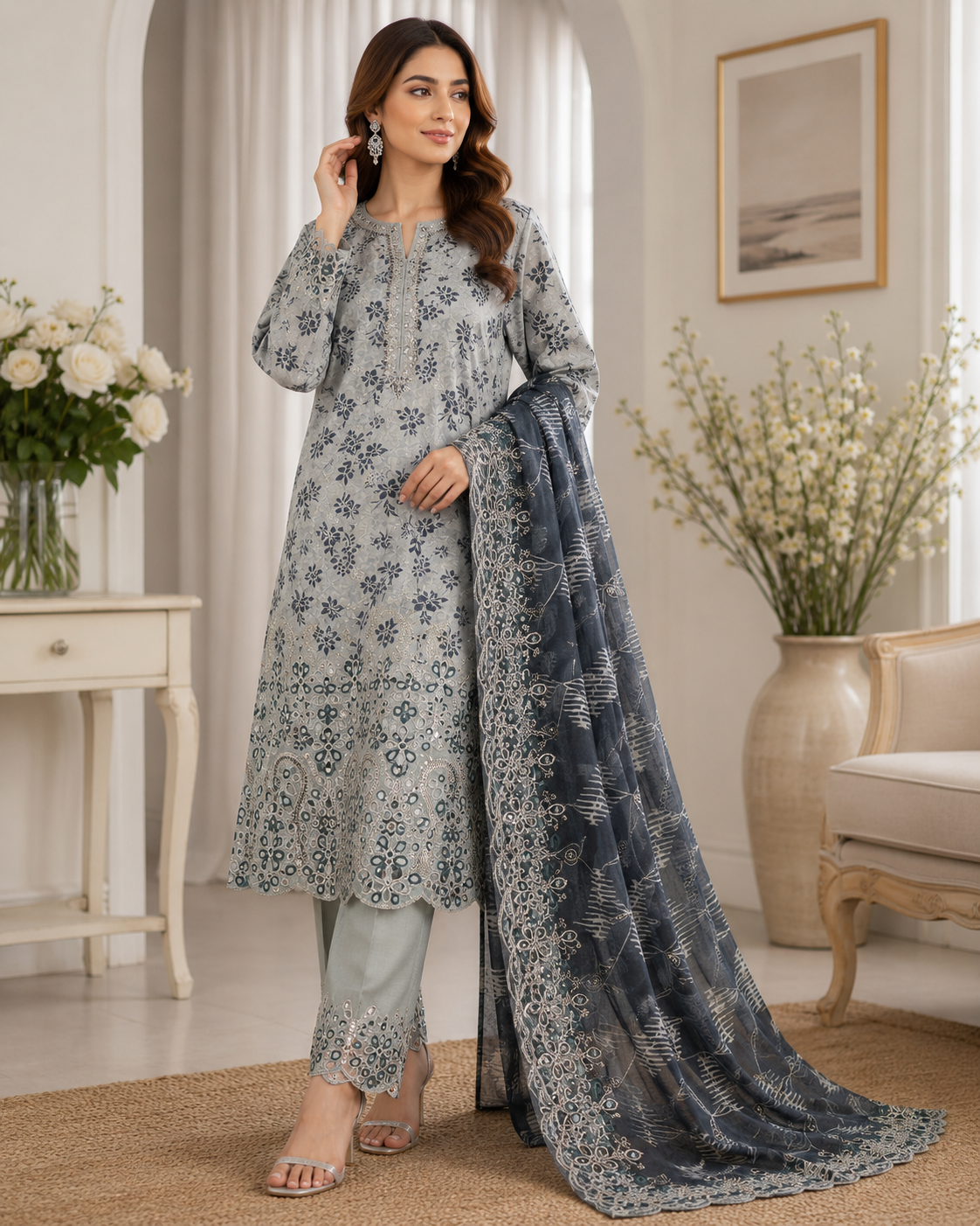 Elegant Grey Cutwork Embroidered Lawn Suit with Dupatta