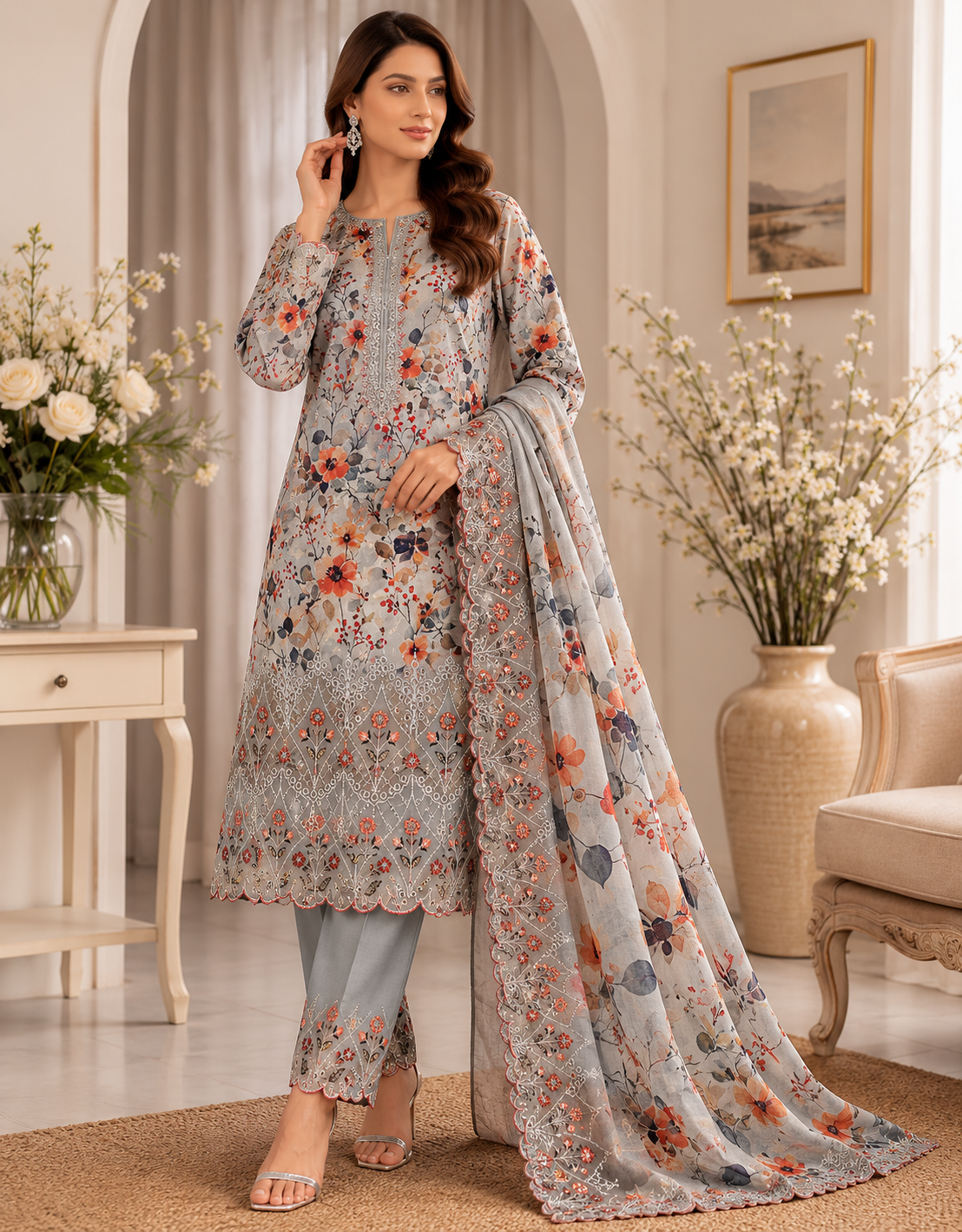 Elegant Grey Floral Embroidered Lawn Suit with Printed Dupatta