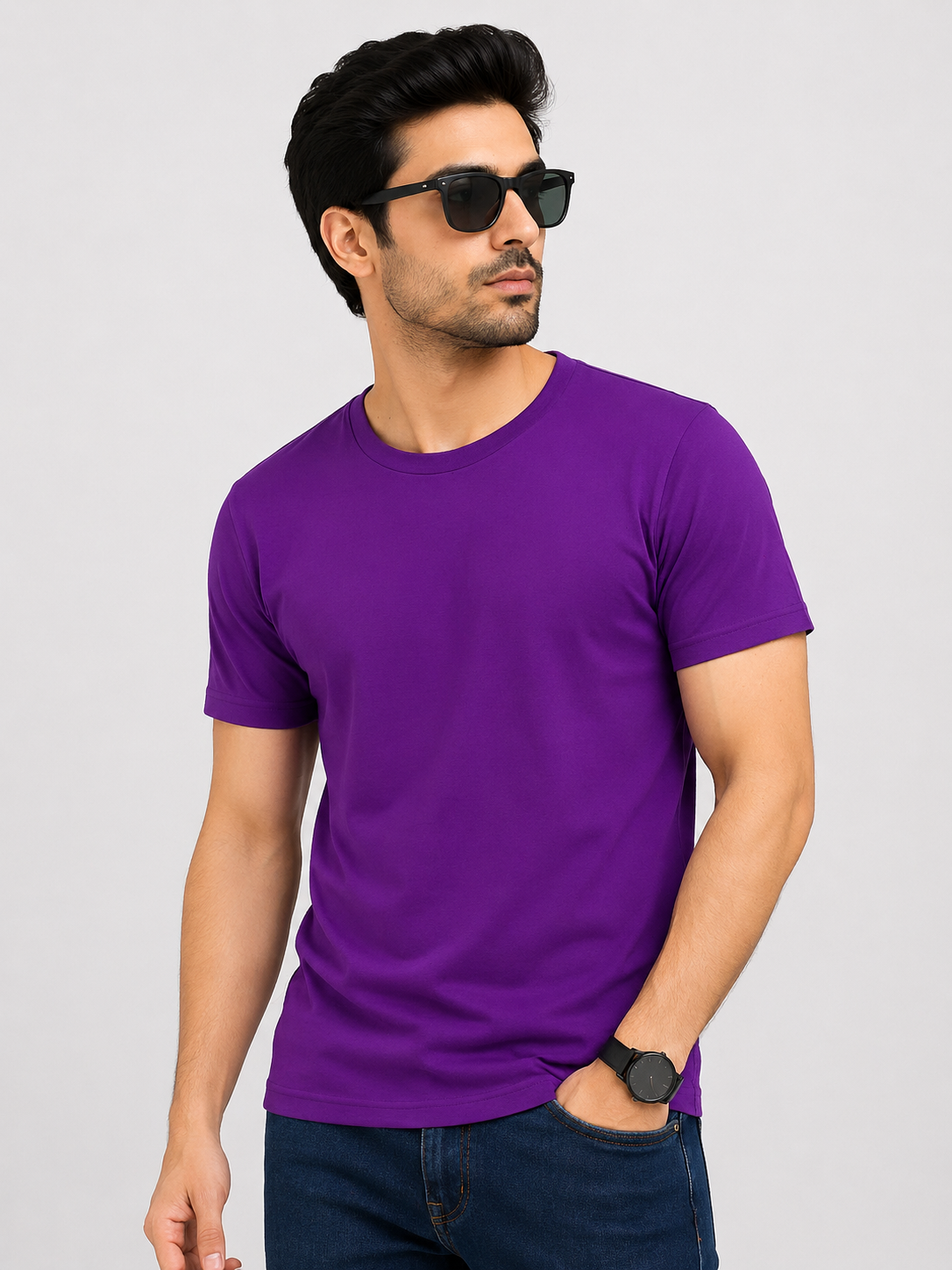 Basic Purple Round Neck Half Sleeve T-Shirt