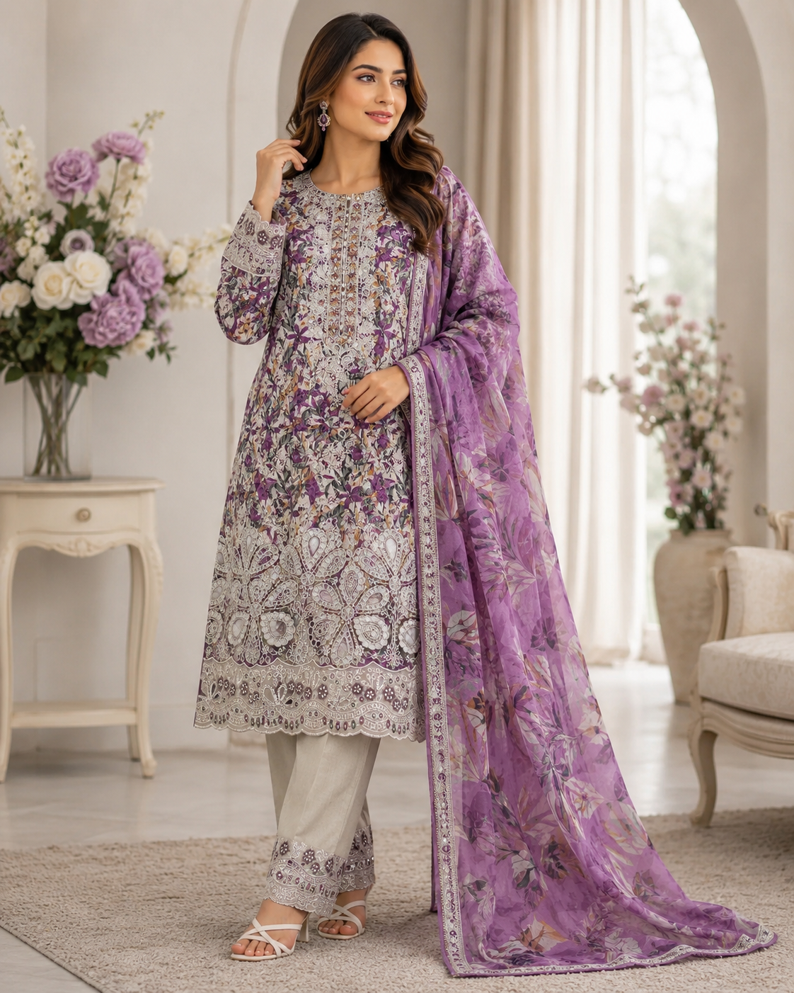 Luxury Purple Floral Embroidered Lawn Suit with Dupatta