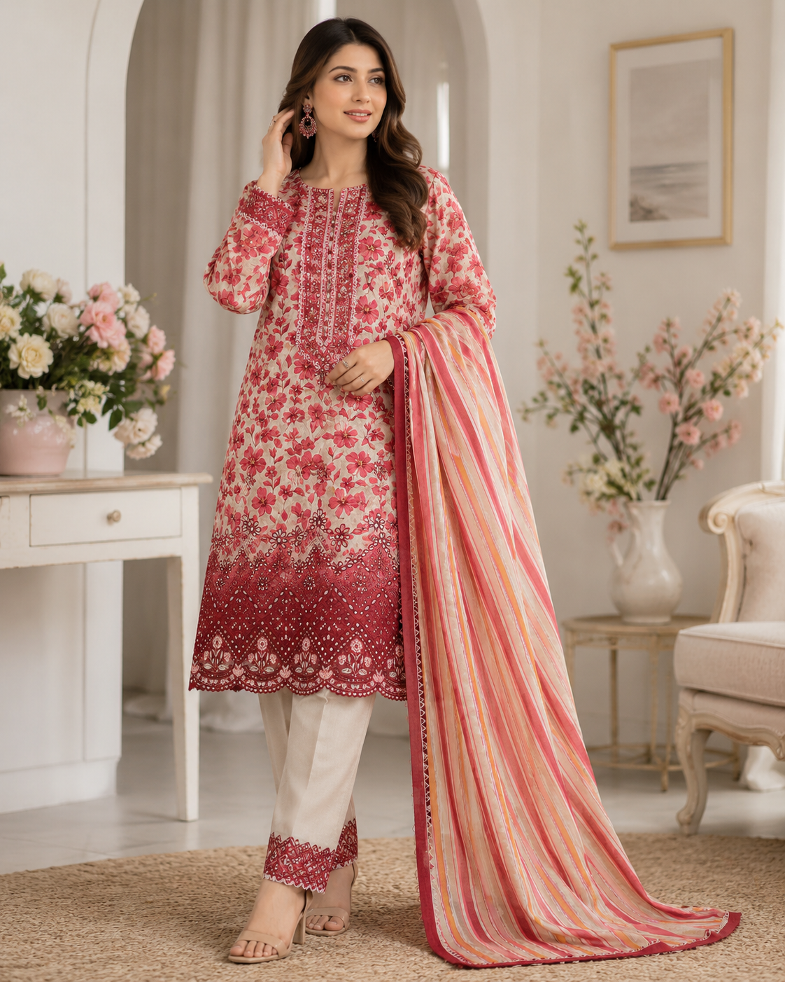 Elegant Maroon Floral Embroidered Lawn Suit with Dupatta
