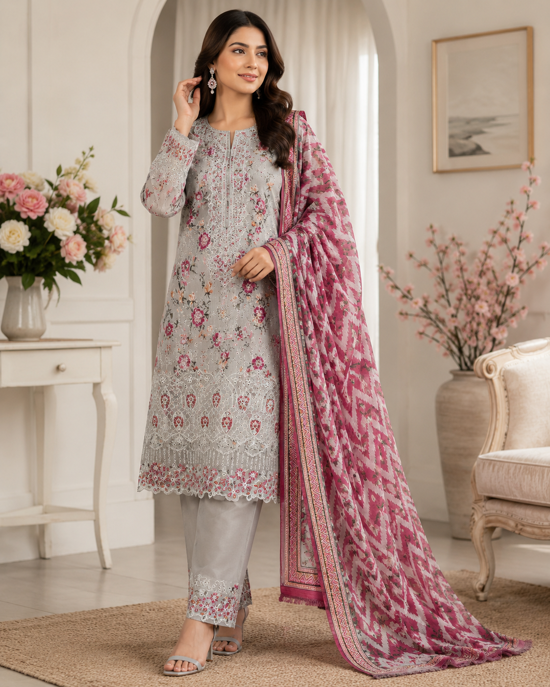 Elegant Grey Floral Embroidered Lawn Suit with Dupatta