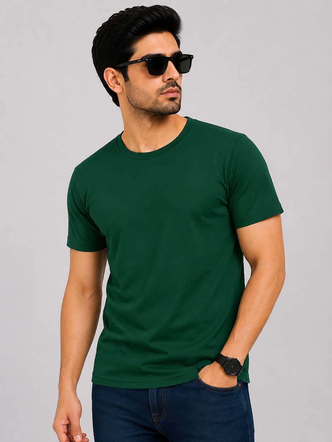 Bottle Green Basic Round Neck Half Sleeve T-Shirt