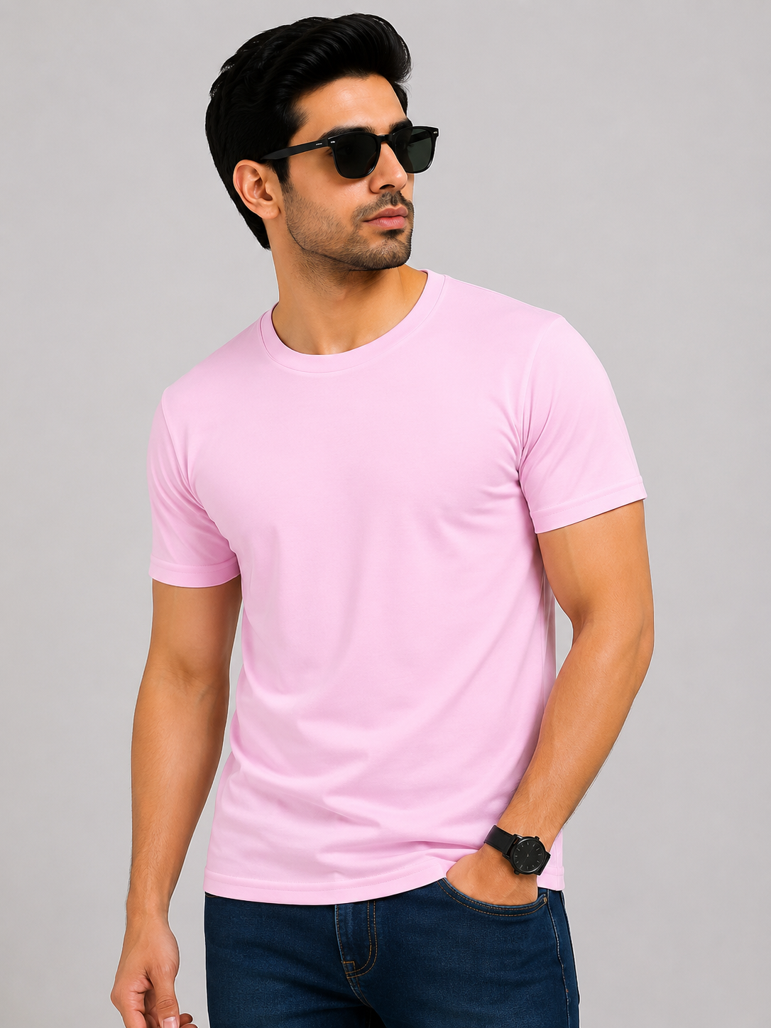 Basic Round Neck Half Sleeve T-Shirt – Pink