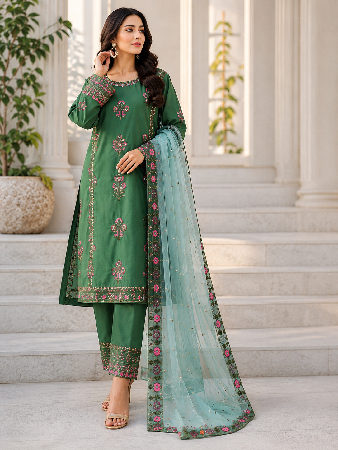 Elegant Green Embroidered 3 Piece Lawn Suit for Women