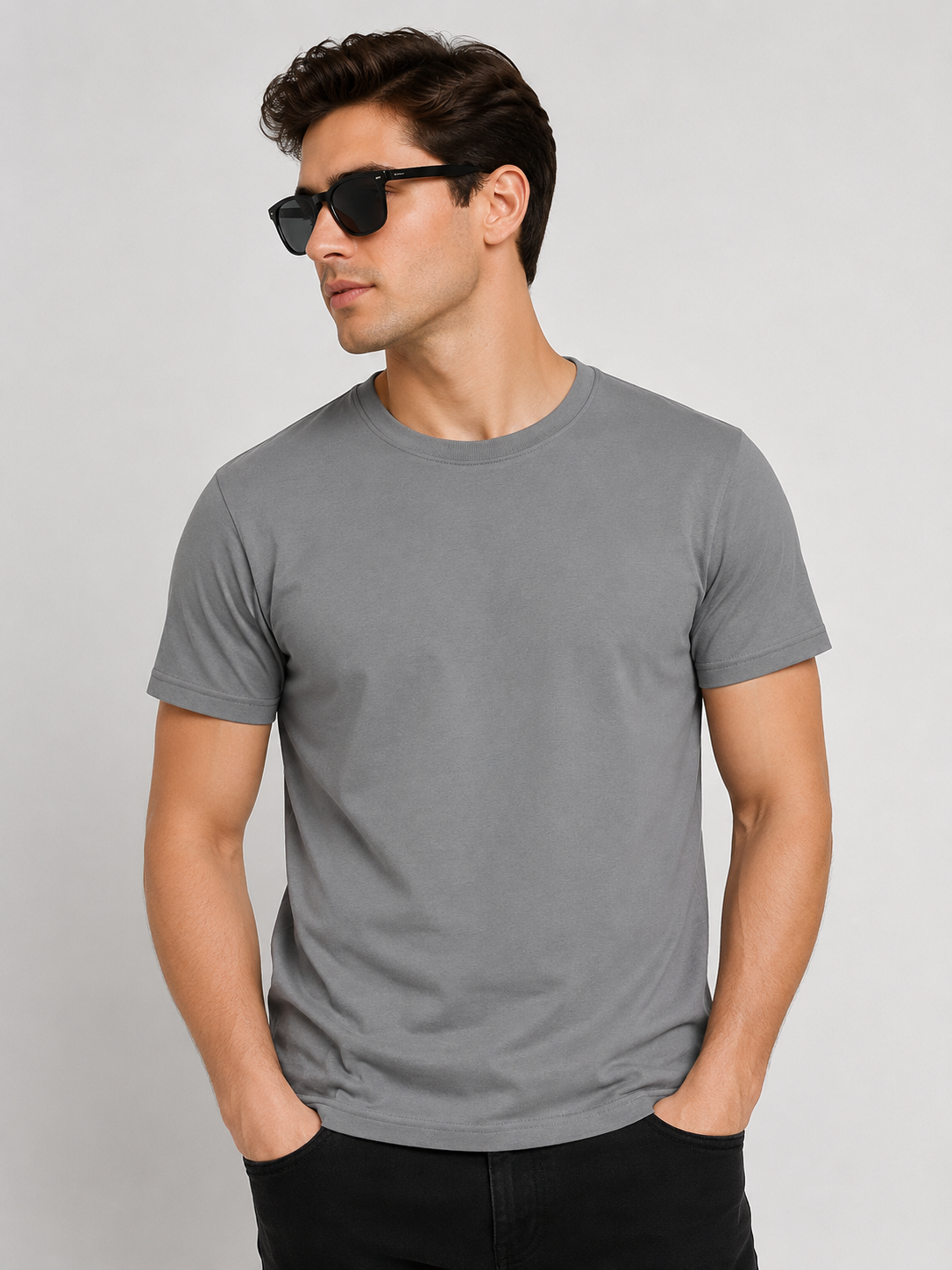 Basic Steel Grey Round Neck Half Sleeve T-Shirt