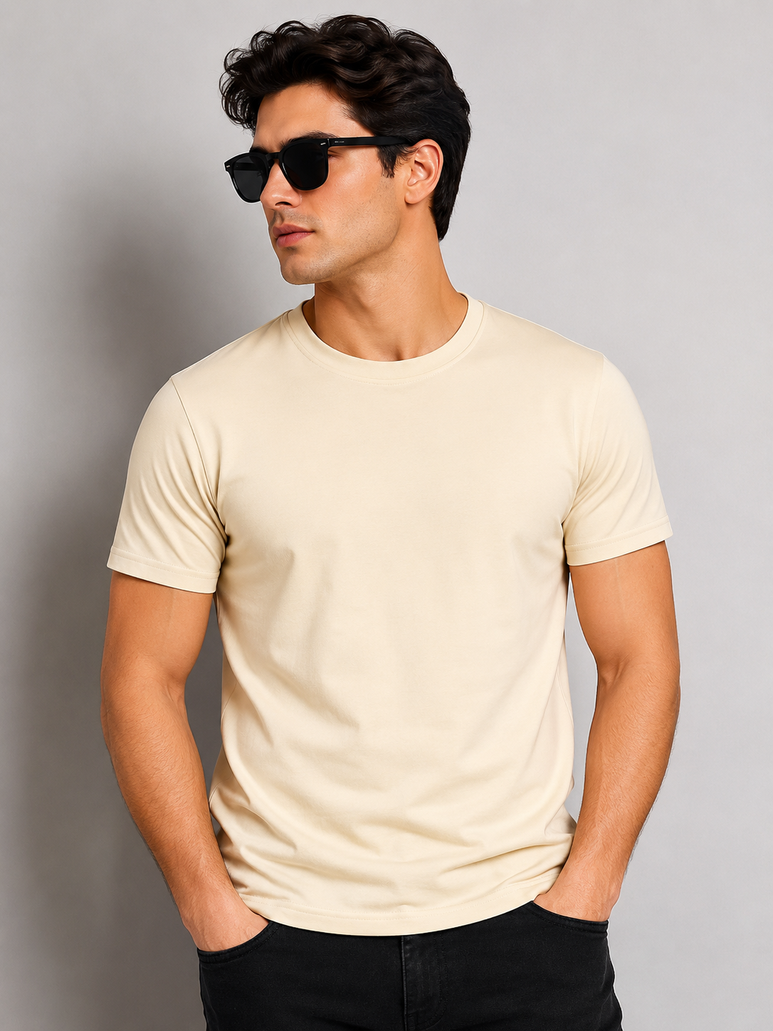 Basic Round Neck Half Sleeve PC T-Shirt – Cream