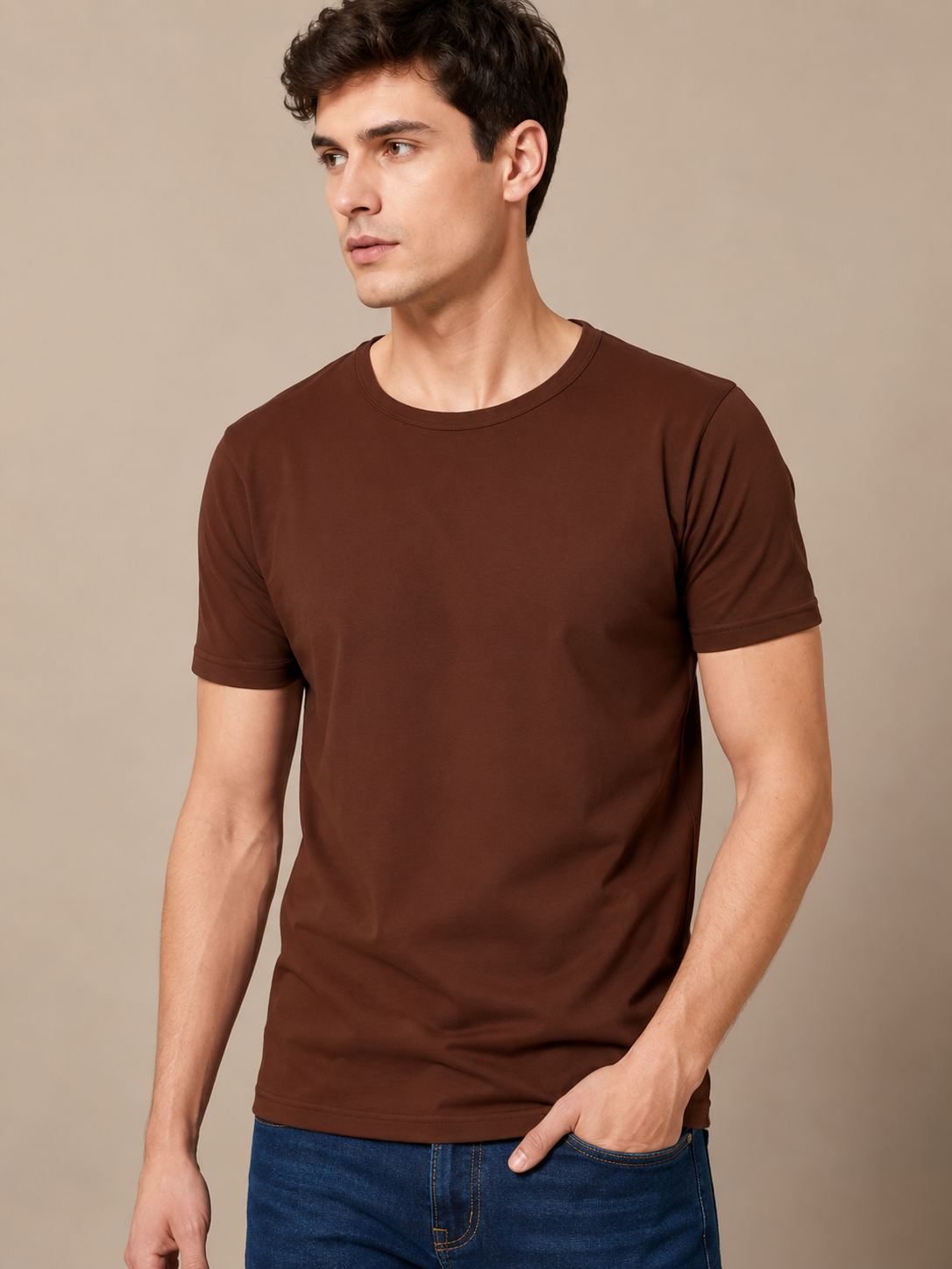 Brown Round Neck Half Sleeve T-Shirt for Men | Premium PC Fabric