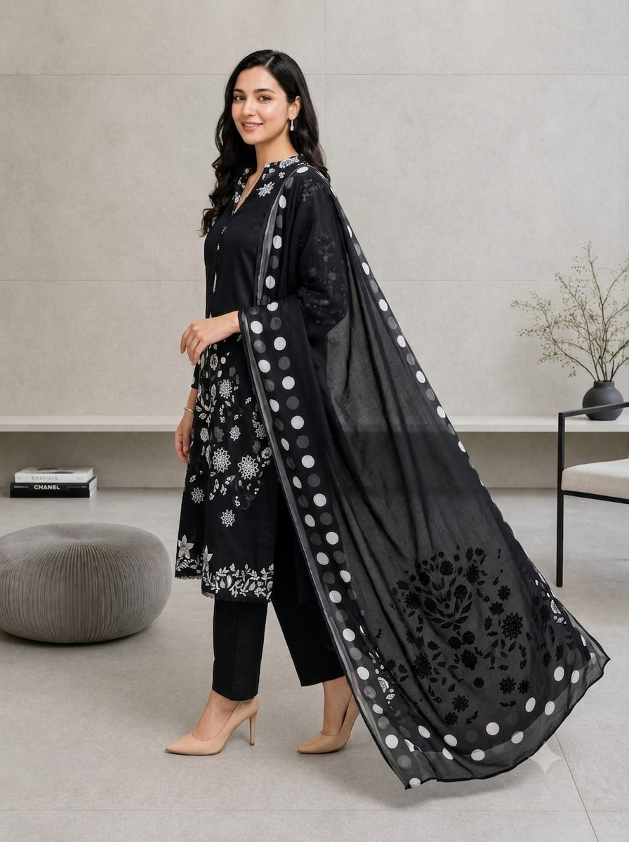 Elegant Black Embroidered Lawn Suit – 3 Piece Unstitched
