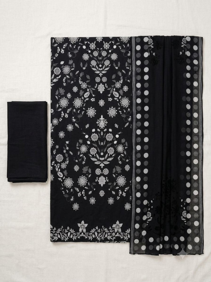 Elegant Black Embroidered Lawn Suit – 3 Piece Unstitched