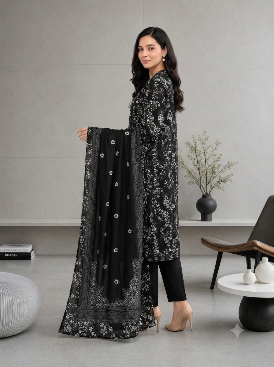 Black Floral Printed 3 Piece Lawn Suit for Women | Elegant Pakistani Summer Dress