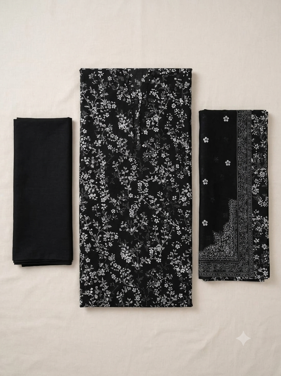 Black Floral Printed 3 Piece Lawn Suit for Women | Elegant Pakistani Summer Dress