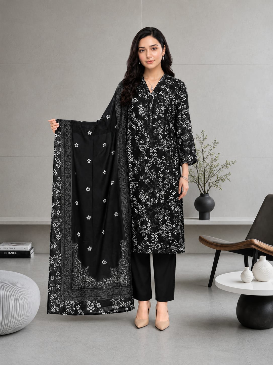 Black Floral Printed 3 Piece Lawn Suit for Women | Elegant Pakistani Summer Dress