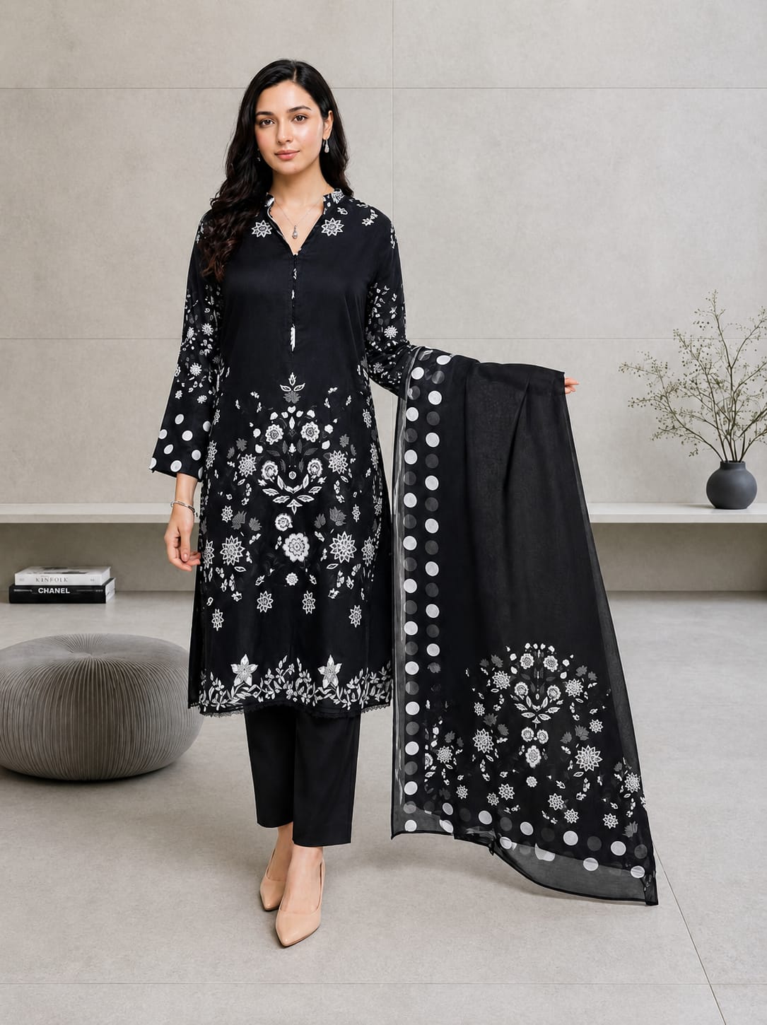 Elegant Black Embroidered Lawn Suit – 3 Piece Unstitched