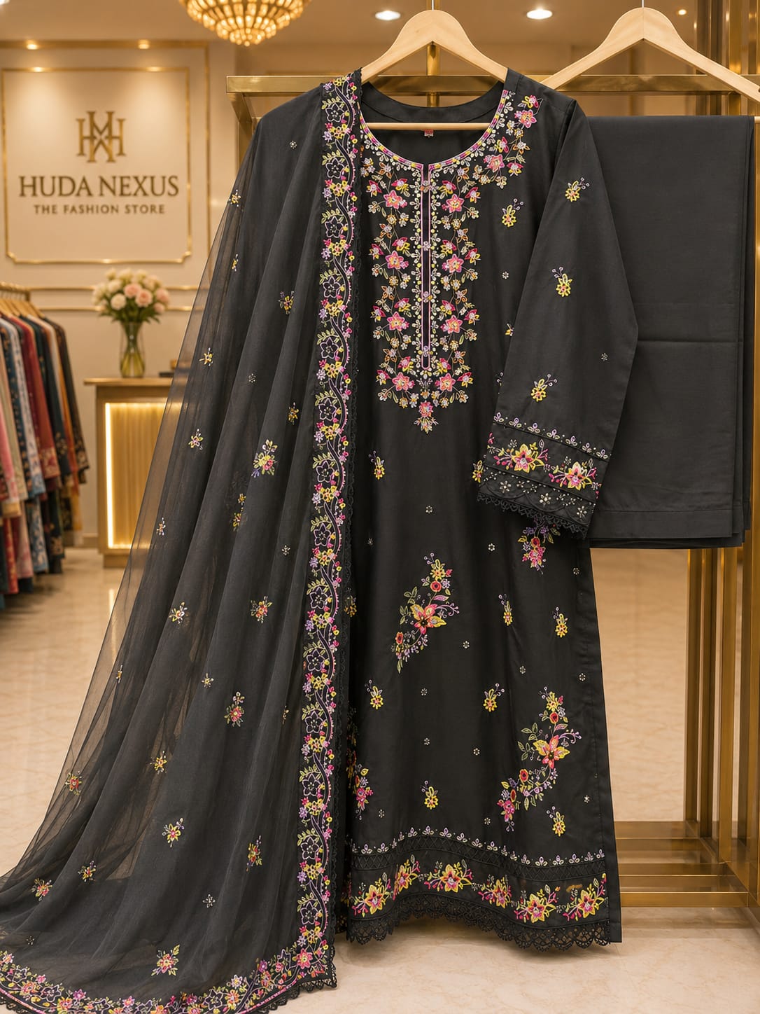 Elegant Black Floral Embroidered 3 Piece Lawn Suit for Women | Premium Pakistani Dress