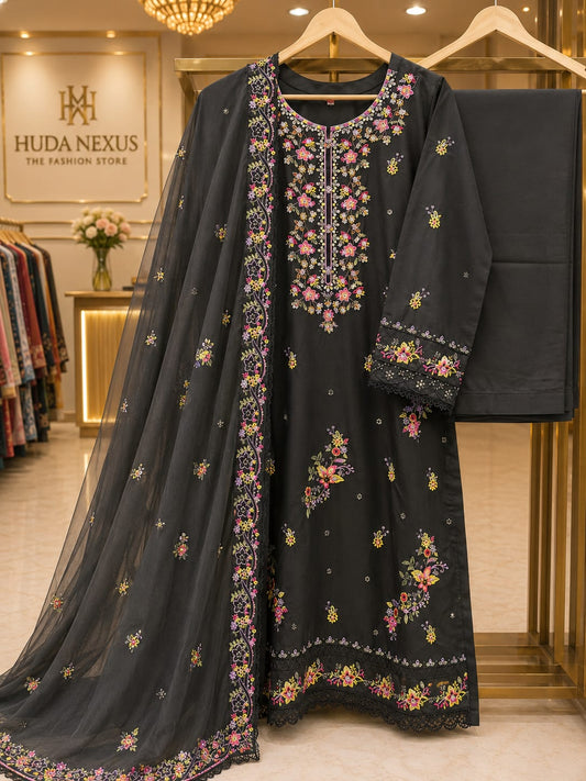 Elegant Black Floral Embroidered 3 Piece Lawn Suit for Women | Premium Pakistani Dress