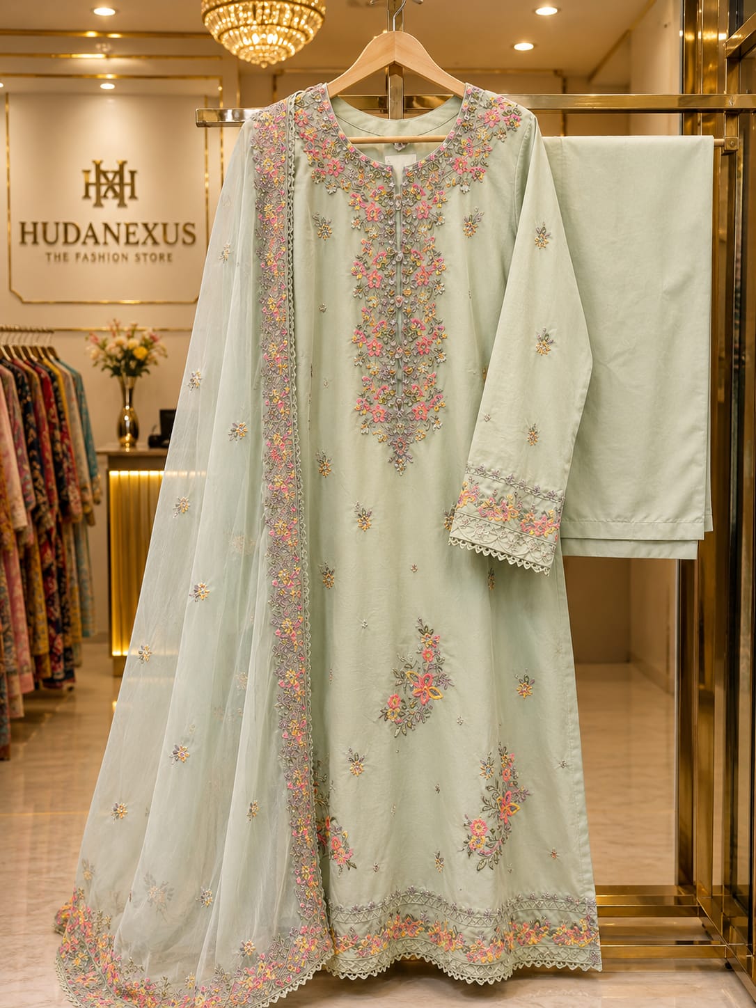 Luxury Mint Green Embroidered 3 Piece Lawn Suit for Women | Premium Pakistani Dress