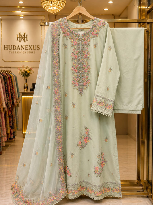 Luxury Mint Green Embroidered 3 Piece Lawn Suit for Women | Premium Pakistani Dress