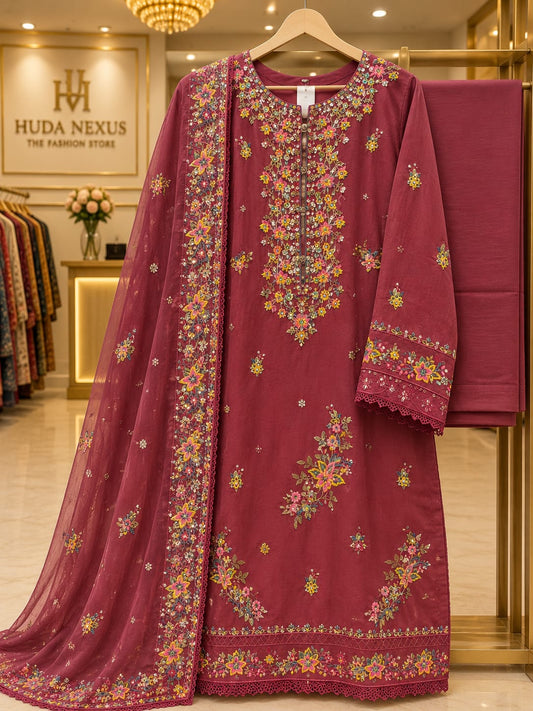 Luxury Maroon Embroidered 3 Piece Lawn Suit for Women | Premium Pakistani Dress