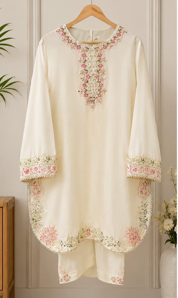 Elegant Ivory Floral Embroidered 3 Piece Lawn Suit for Women | Premium Pakistani Dress