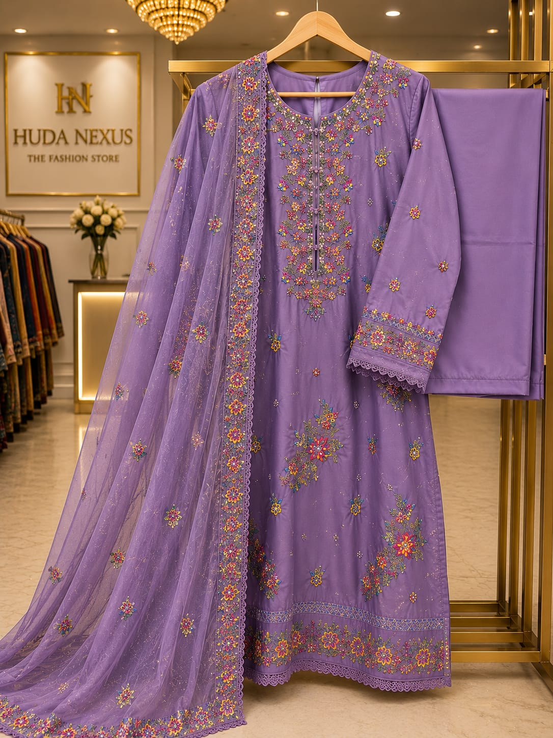 Luxury Lavender Embroidered 3 Piece Lawn Suit for Women | Premium Pakistani Dress
