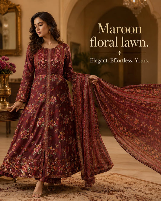Maroon Floral Embroidered Anarkali Suit with Dupatta