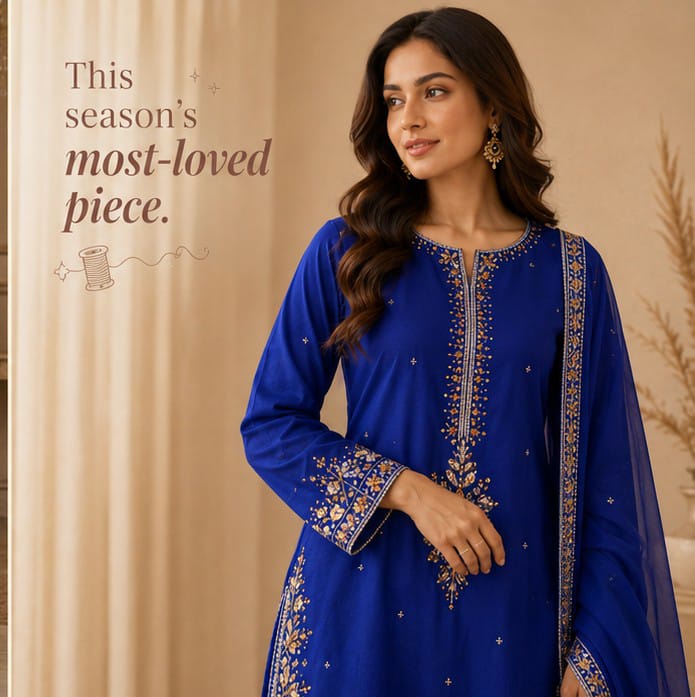 3 PC EMBRODED STICHED ROYAL BLUE ARTICLE