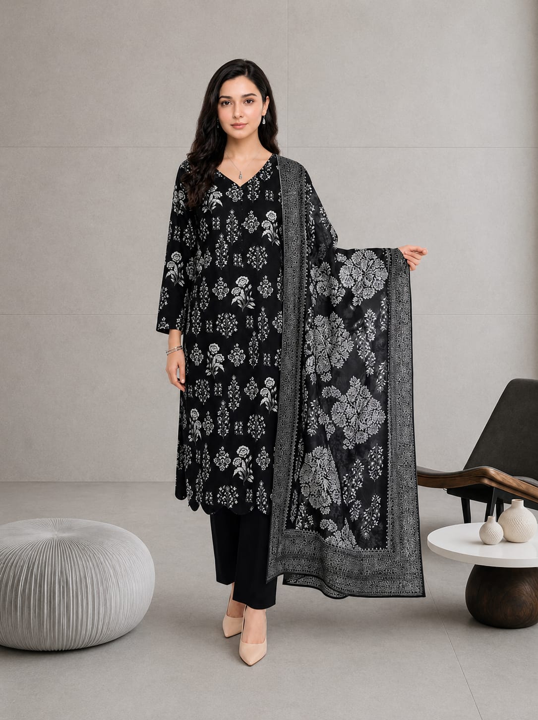 Black & Grey Floral Printed 3-Piece Lawn Suit for Women | Elegant Casual Wear