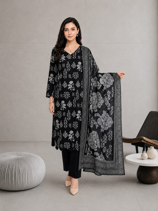 Black & Grey Luxury Printed Lawn 3-Piece Unstitched Suit with Printed Dupatta
