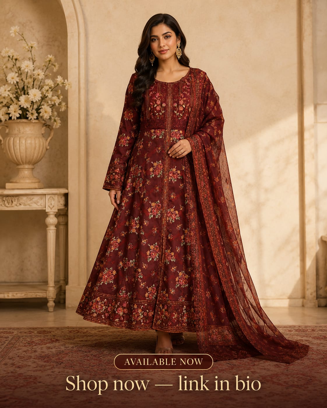 Maroon Floral Embroidered Anarkali Suit with Dupatta