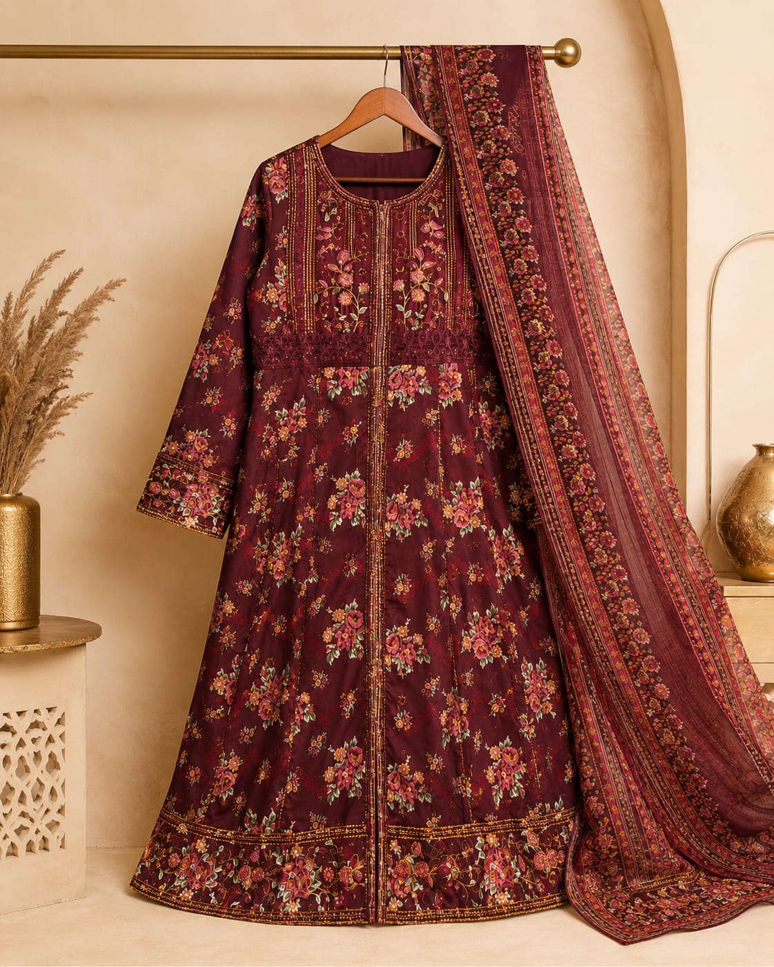 Maroon Floral Embroidered Anarkali Suit with Dupatta