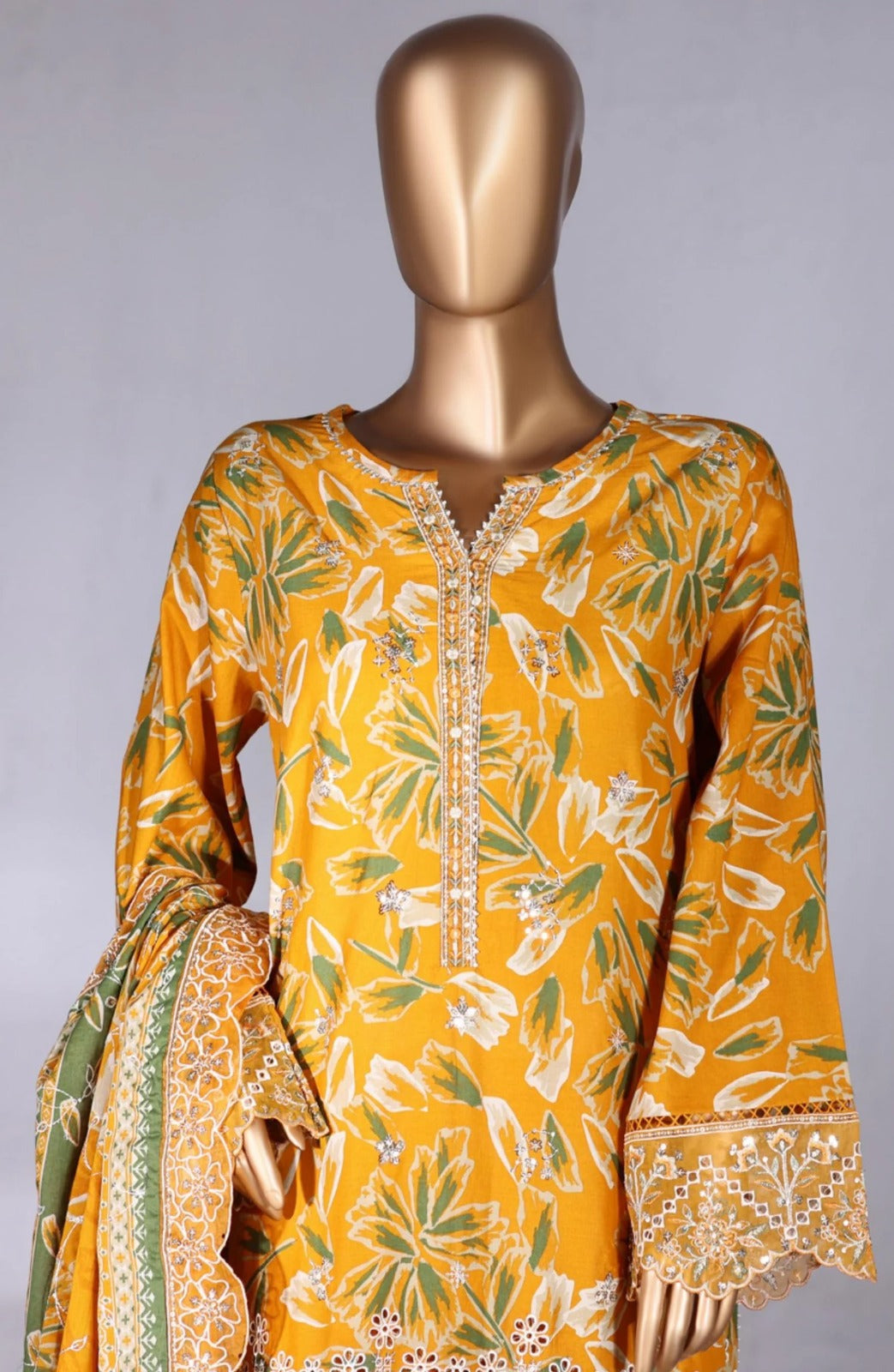 Bin saeed 3pc Mustard Yellow Floral Embroidered  stiched Lawn Suit with Printed Dupatta and Trouser