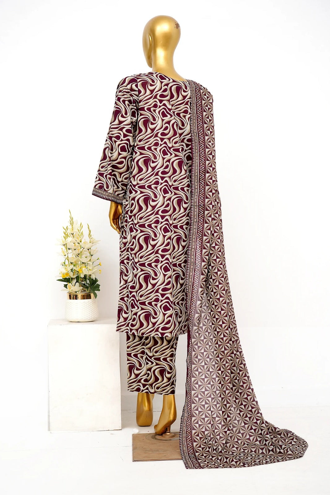 Bin Saeed Elegant Maroon & Cream Abstract Print stiched 3-Piece Suit with Geometric Dupatta