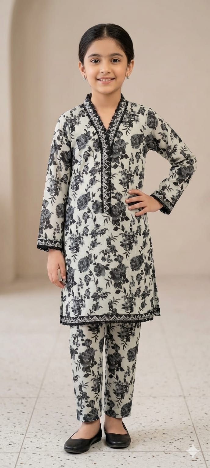 Elegant Black Floral Printed Kids 2 Piece Suit
