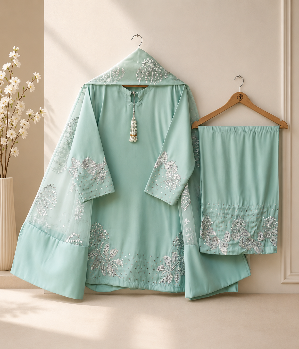 Premium Mint Green Embroidered Suit