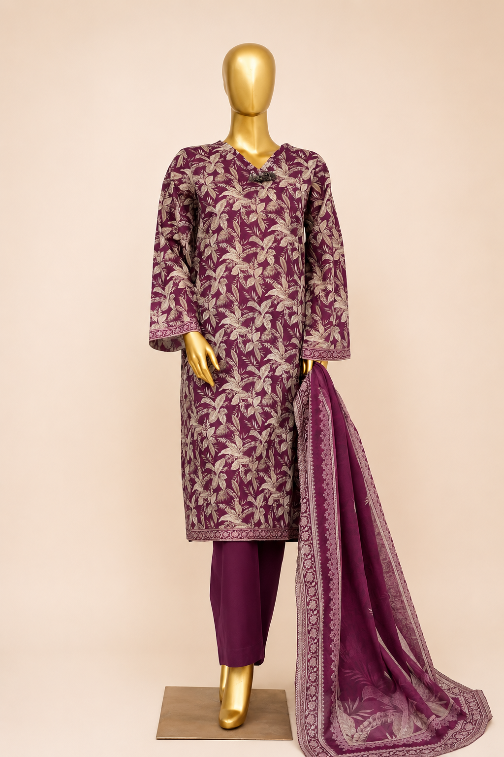 Plum Botanical Printed 3-Piece Suit