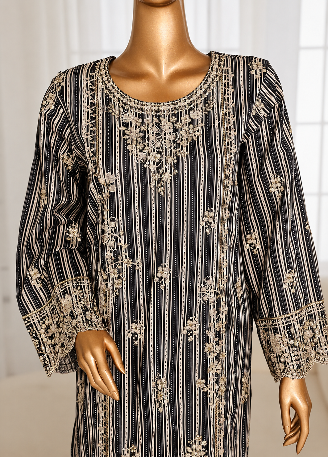 Bin Saeed Elegant Black & Beige Striped stiched 3-Piece Suit with Printed Dupatta