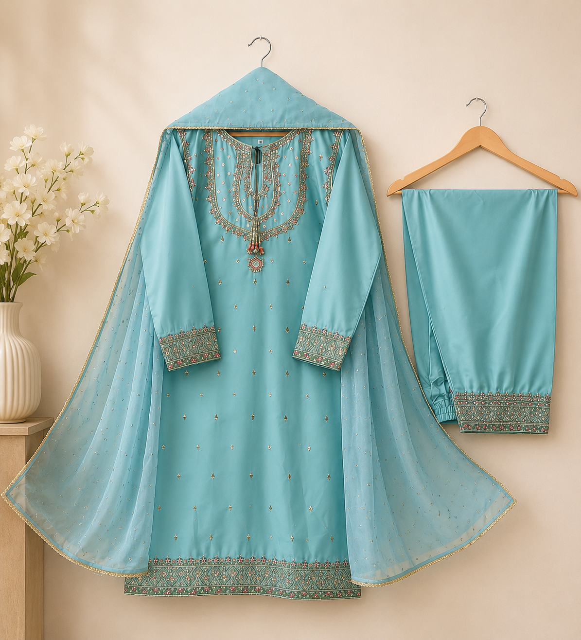 Sky Blue Embroidered Suit