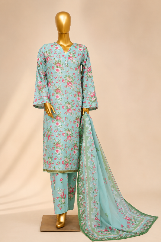DIGITAL PRINTED MINT FLORAL 3PC LAWN STITCHED ARTICLLE