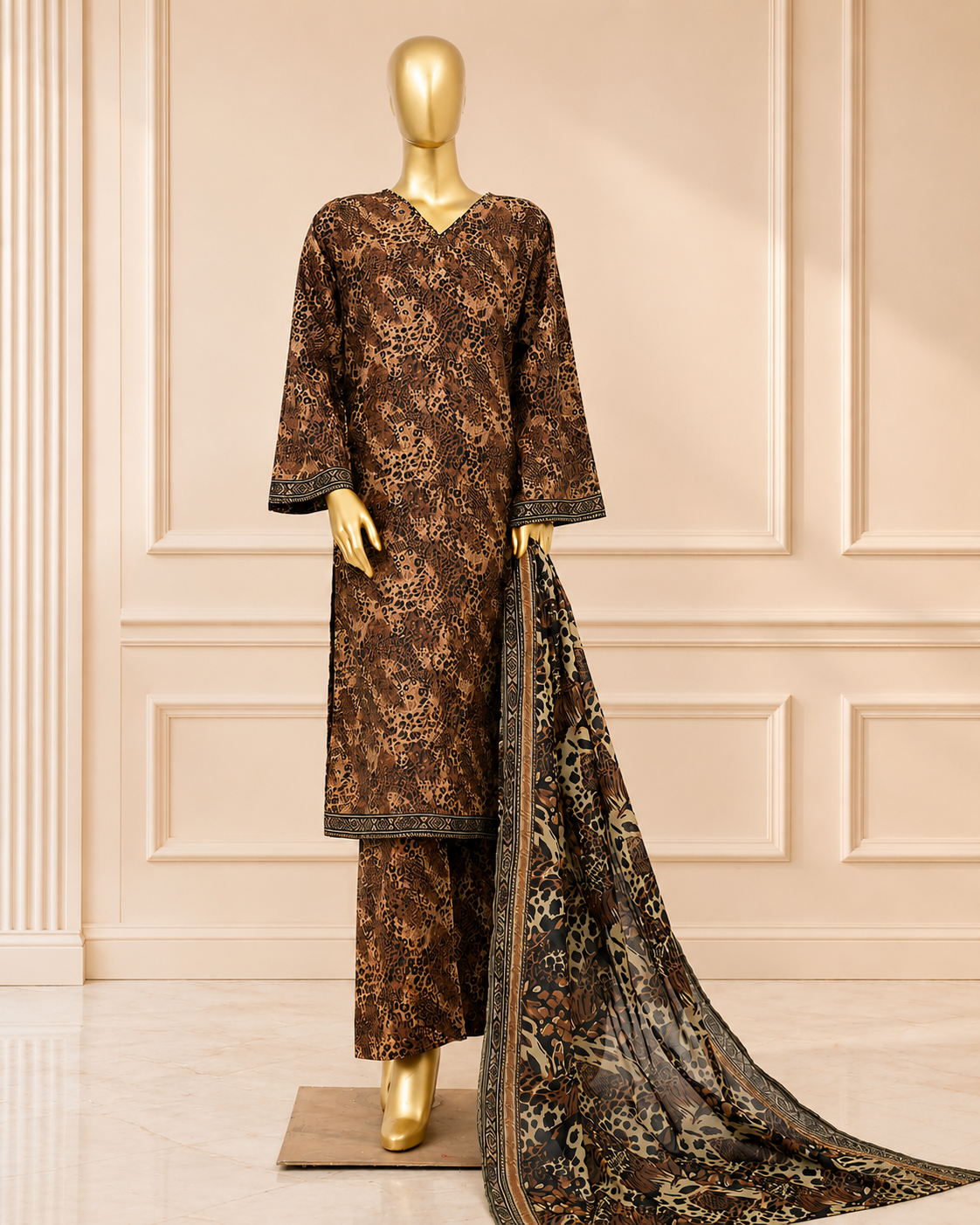 Brown Animal Print 3-Piece Printed Lawn Suit