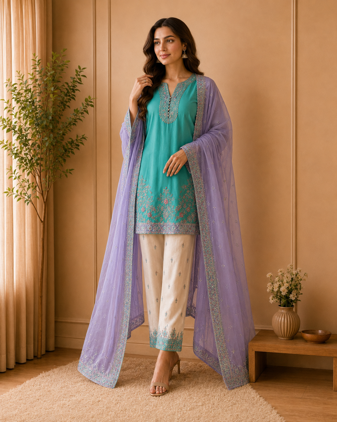 Pastel Lilac & Aqua Embroidered Stitched Formal 3-Piece Suit