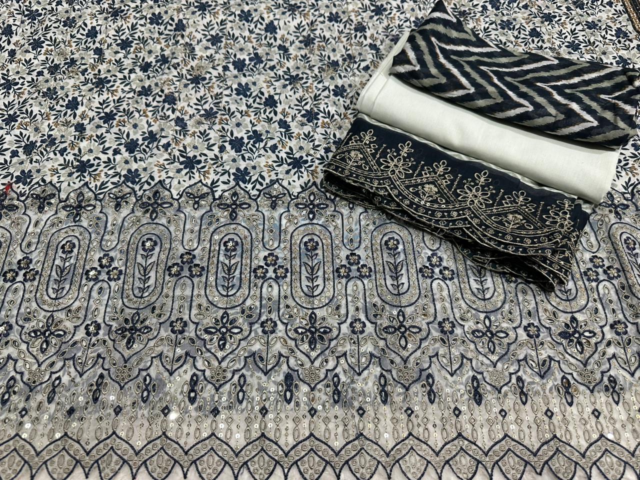 Elegant Blue & White Floral Embroidered Lawn Suit with Dupatta