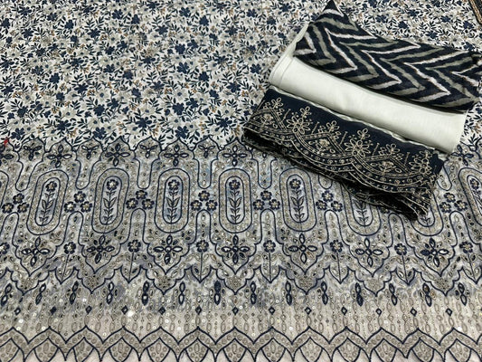 Elegant Blue & White Floral Embroidered Lawn Suit with Dupatta