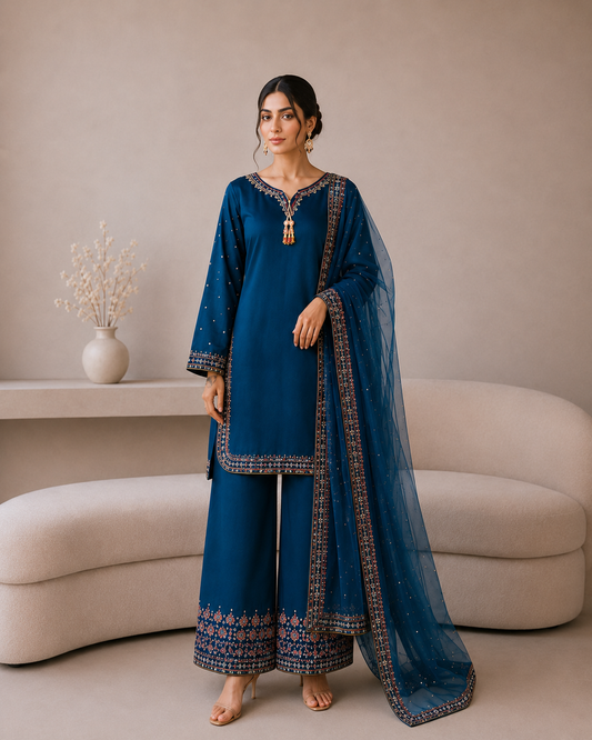 Royal Blue Embroidered Suit with Dupatta – Women's Dress