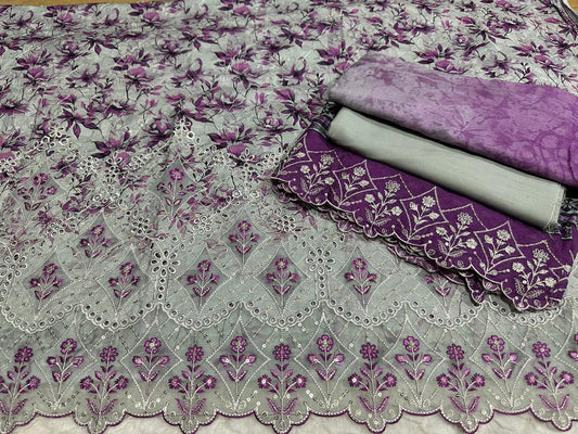 Elegant Grey & Purple Floral Embroidered Lawn Suit with Dupatta