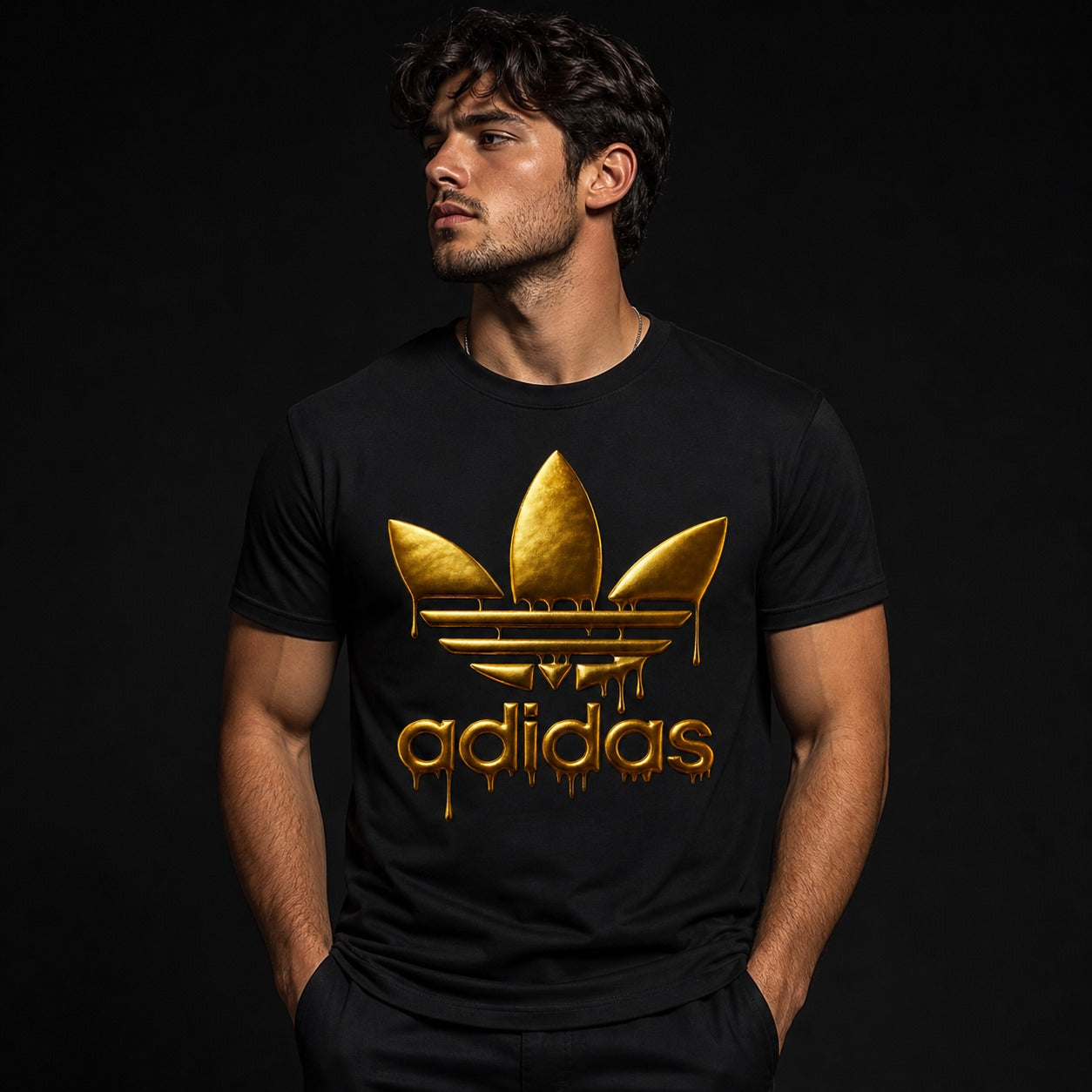 Adidas Gold Drip Logo Black Graphic T-Shirt