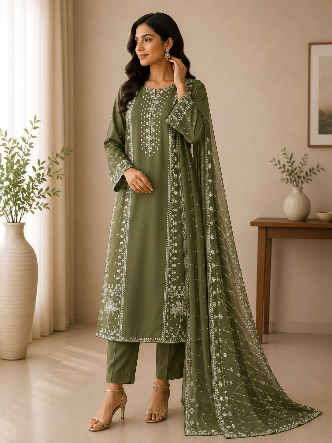 Olive Green Embroidered Suit