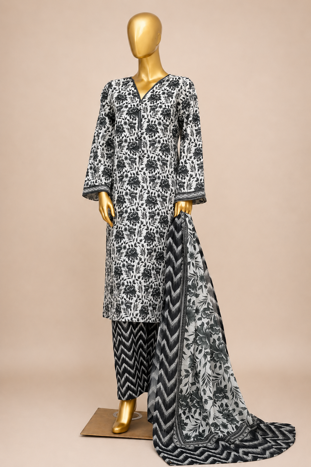 Black & White Floral Printed 3-Piece Suit